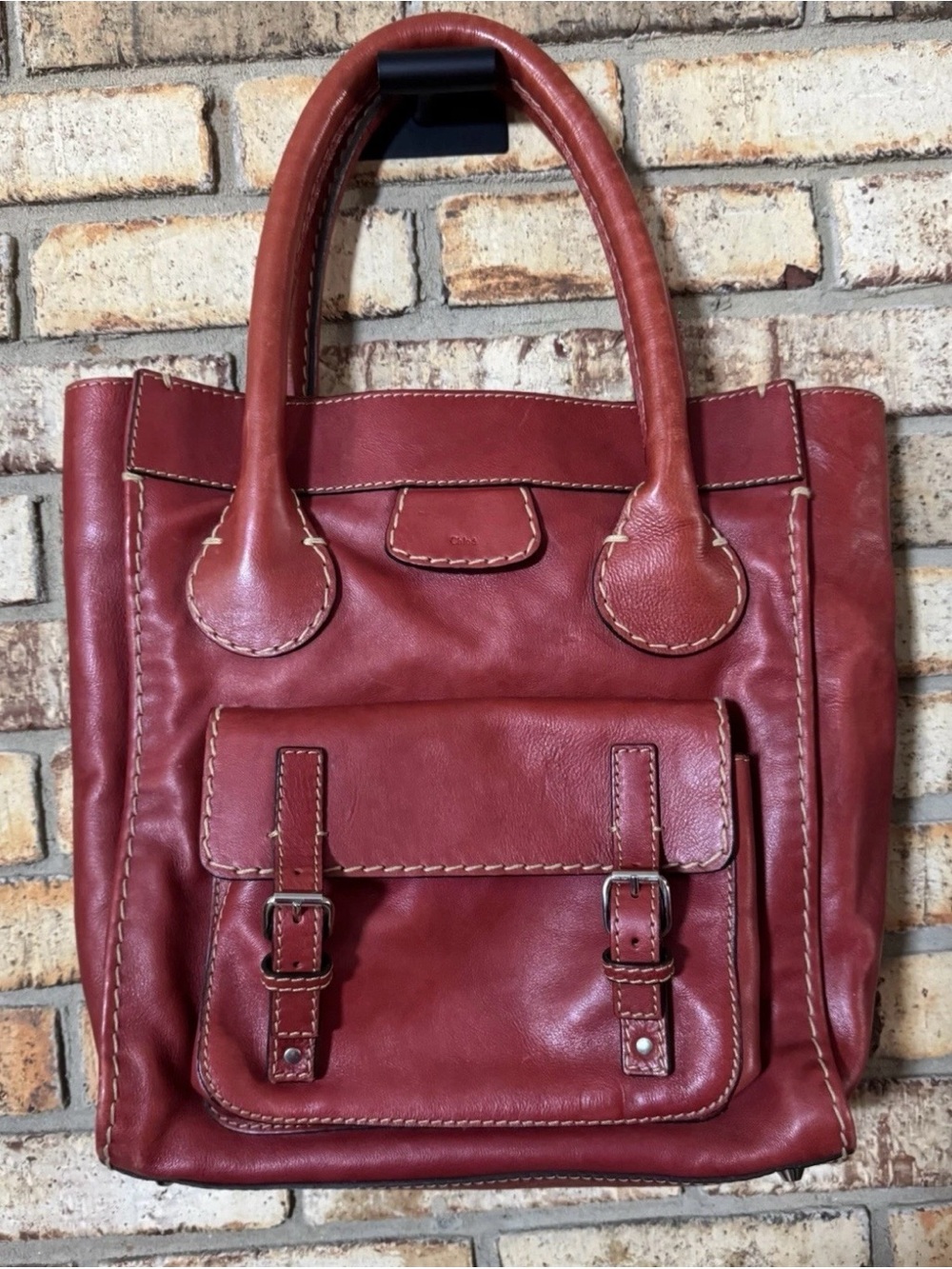 Chloe Red Leather Tote Hand Bag Purse 14 X 12 X 5